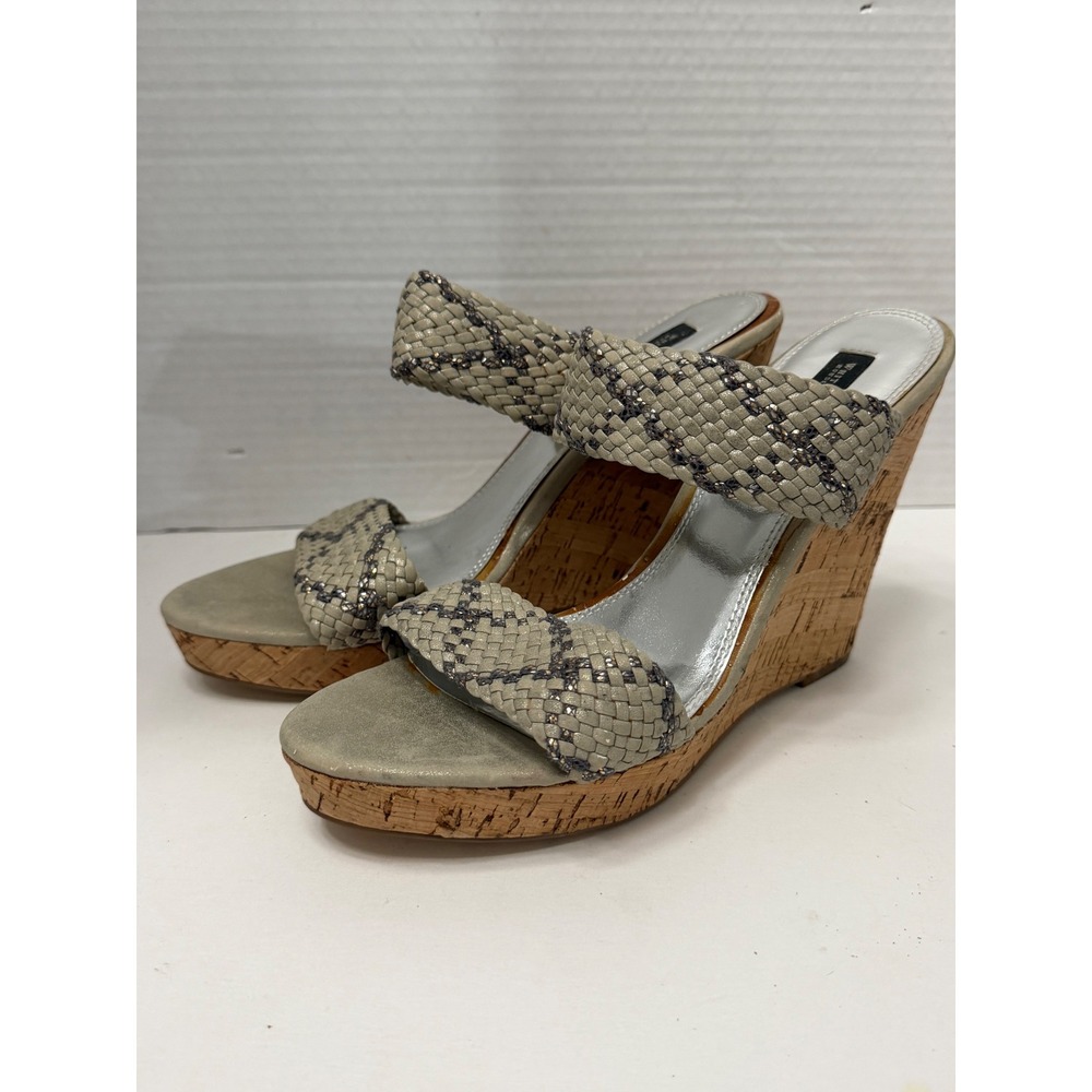 White House Black Market Woven Cork Wedge Sandals‎ Silver Grey Metallic 10M
